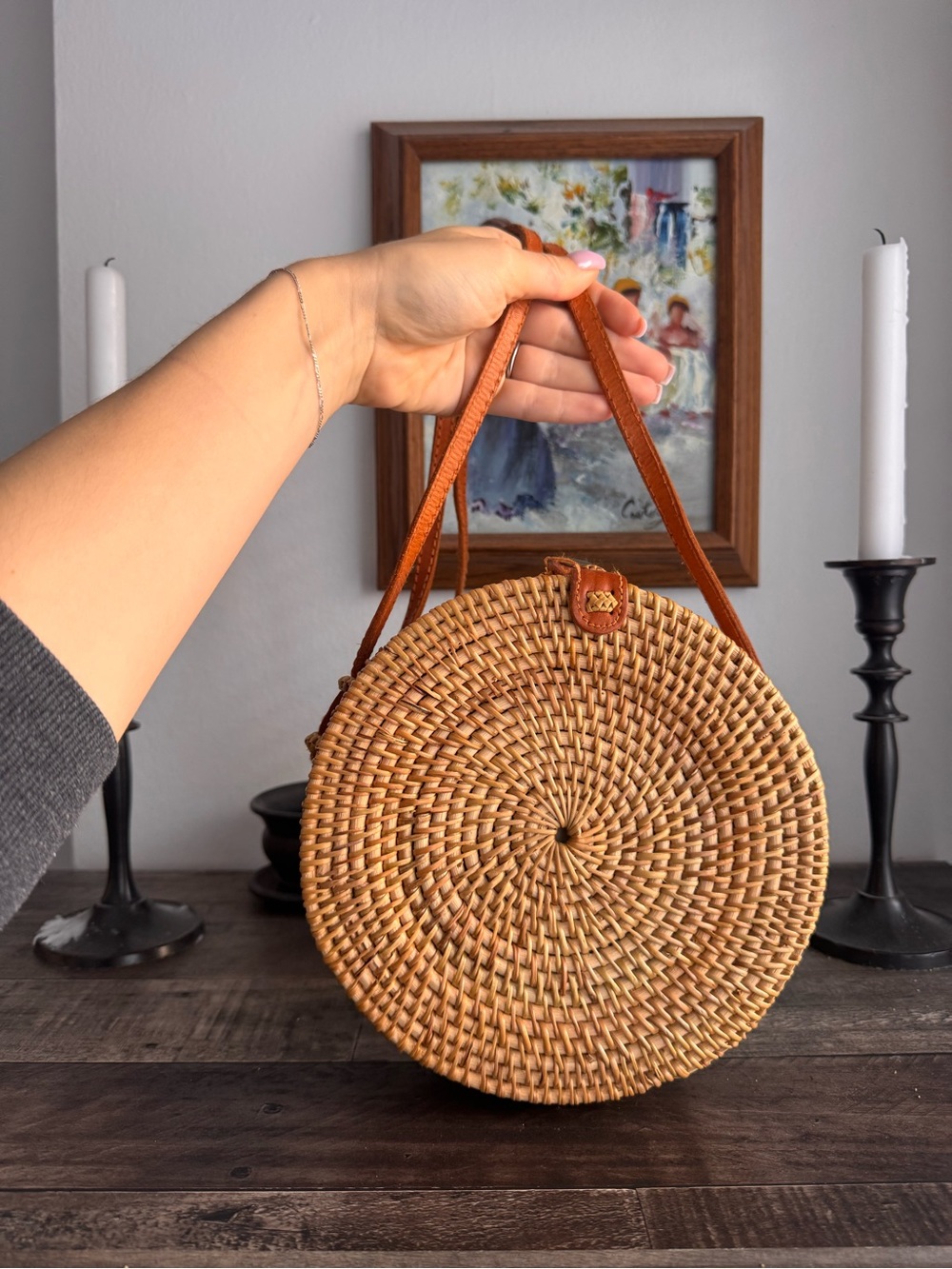 Balinese Handwoven Round Rattan Straw Crossbody Bag with Batik Lining